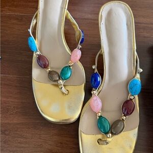 Gold Multicolor Gemstone Slip-On Sandals - Women